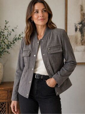 Patrizia Luca Milano Faux Suede Utility Jacket Snap Zip Pockets Neutral Sz
